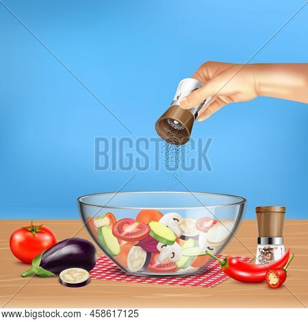 Hand With Pepper Mill Over Salad From Vegetables In Glass Bowl On Blue Background Realistic Vector I