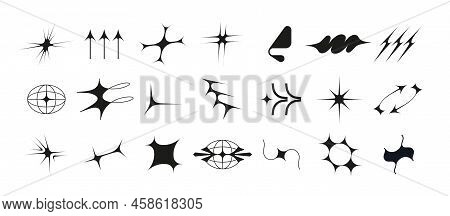 Set Of Vector Icons Of Acid Flare Shapes And Arrows. Supernova Explosion Space Figures In Y2k Korean