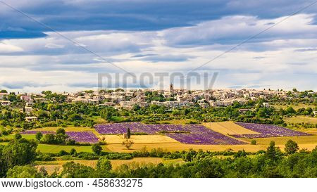 Hilltop Puimoisson Village In France. Summer Provence Landscape With Purple Lavender Fields. Plateau