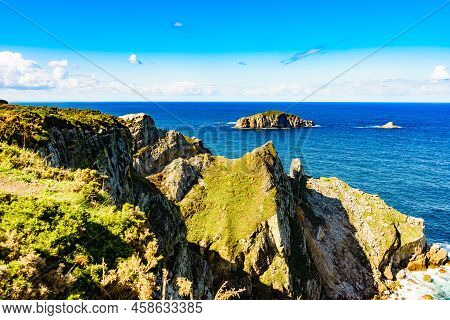 Seascape Of Atlantic Ocean And Asturias Rocky Coast At Cape Penas. Sea Shore With High Cliffs In Nor