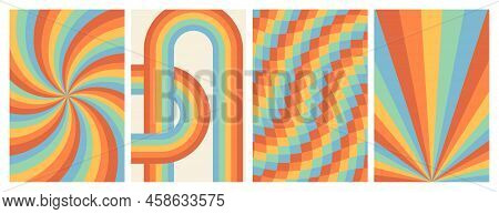 Groovy Rainbow Backgrounds. Checkerboard, Chessboard, Mesh, Waves, Swirl, Twirl Pattern. Twisted And
