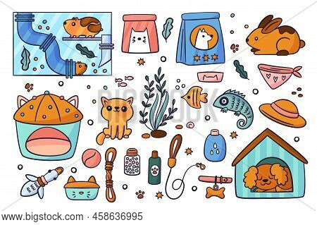 Pets Accessories. Cute Animals And Different Care Elements. Color Doodles Style. Feline Toys. Food B