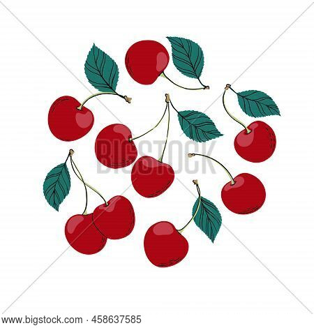 Tropical Set Doodle Red Cherry. Hand Drawn Berries Cherry Isolated On White Background. For Fabric, 