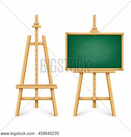 Realistic Green Chalkboard On Wooden Easel. Blank Blackboard In Wooden Frame On A Tripod. Presentati