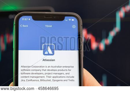 Atlassian Stock Price Increasing On The Trading Market With Uptrend Line Graph Bar Chart On The Back