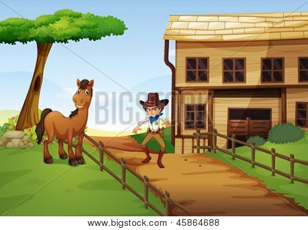 Ilustracja zły kowboja z konia w płot