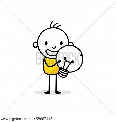 Businessman Holds A Light Bulb On White Background. Hand Drawn Doodle Man. Idea And Creativity Conce