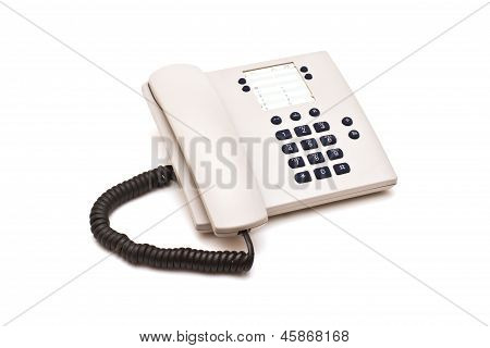 Telefono in plastica grigia su sfondo bianco