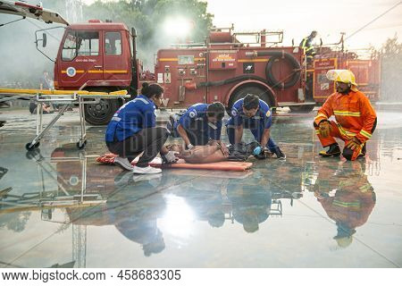 Pichit , Thailand - August 29 , 2020 : Unknown Rescuers And Fire Brigade Conducting Fire Rescue Dril