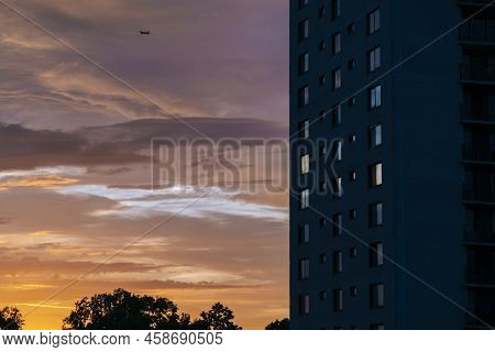 Aerial View Of Prospect Avenue Apartment Building And Beautiful Sky At Sunset, Hackensack New Jersey
