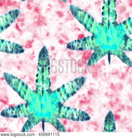 Tie Dye Marijuana Leaves Seamless Pattern. Hand Painted Green Elements On Pink And White Tie-dye Bac