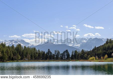 Lake Coredo Surface, Green Forest And Alpine Mountain Peaks Covered With Snow And Ice On A Clear Spr