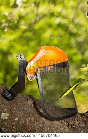 Safety Mesh Visor Face Shield Industrial Protective Face Mask Lies On A Tree