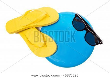 Flip Flops Sunglasses And Frisbee On White 	Flip Flops Sunglasses And Frisbee On White