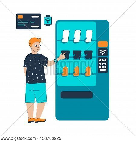 Generation Z Young Boy Using Vending Machine With Drinks And Snacks. Self Help Guy In Self Service S