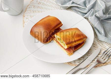 Lanche Misto Traditional Portuguese Sandwich With Cheese And Chorizo. Tasty Breakfast Over White Bac