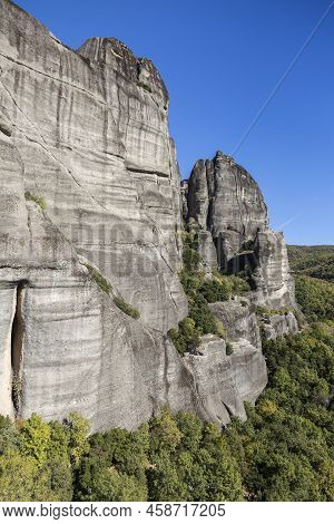 Meteora Unique And Enormous Columns Of Rock Rise Precipitously From The Ground, Beside The Pindos Mo