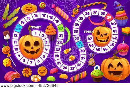 Cartoon Halloween Holiday Pumpkins, Sweets And Candies. Kids Step Board Game With Halloween Sweet Tr