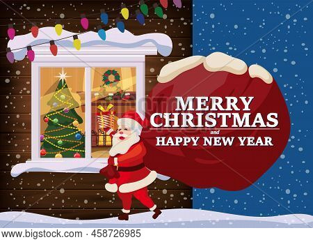 Santa Claus With Big Sack Of Gifts Delivery Gifts. Chrismas Window, Night, Decoraions Garland Retro,