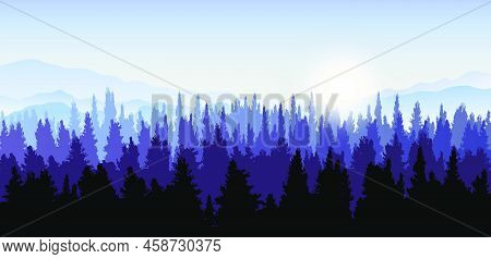 Vector Panoramic Landscape Of Forest With Purple Silhouettes Of Pine Trees And Hills Background. Pan