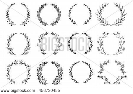 Ornamental Branch Wreathes Set In Hand Drawn Design. Laurel Leaves Wreath And Decorative Branch Bund