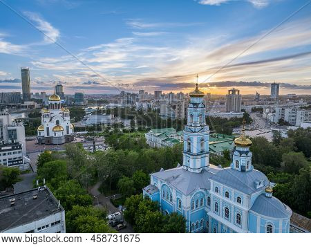 Summer Yekaterinburg, Temple Of The Ascension And Temple On Blood In Beautiful Clear Sunset.