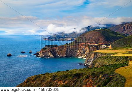 Pacific Coast And Bixby Bridge Also Known As Rocky Creek Bridge In Pfeiffer Big Sur State Park, Cali