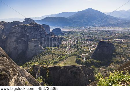 The Huge Rock Pillars Formation Of Meteora, Beside The Pindos Mountains. Western Region Of Thessaly,