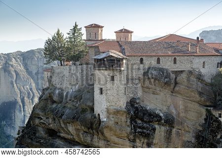 Beautiful Scenic View, Orthodox Monastery Of Varlaam, Immense Monolithic Pillar, Green Foliage At Th