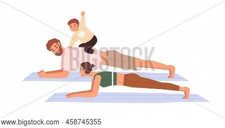 Family With Kid Doing Sports Exercises. Parents And Child In Plank Position On Yoga Mats. Workout Of