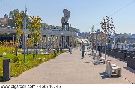 Belgrade, Serbia - October 04, 2021: Edvard Rusjan Park River Sava Promenade At Sunny Autumn Day.