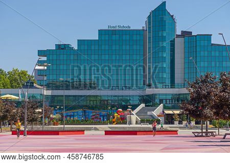 Sabac, Serbia - July 22, 2022: Modern Glass Building Four Star Hotel Sloboda Freedom In City Centre.