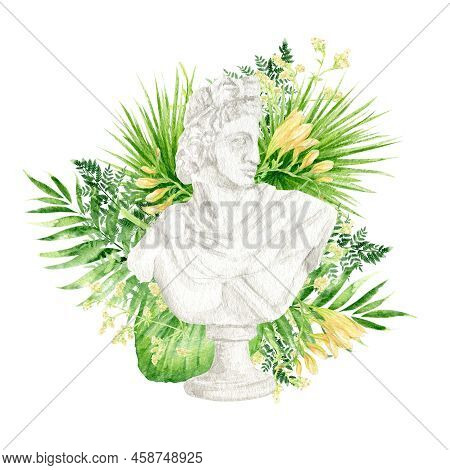 Ancient Greek Sculpture Apollo Goddess Head With Tropical Leaves Flowers, Watercolor Antique Greece 