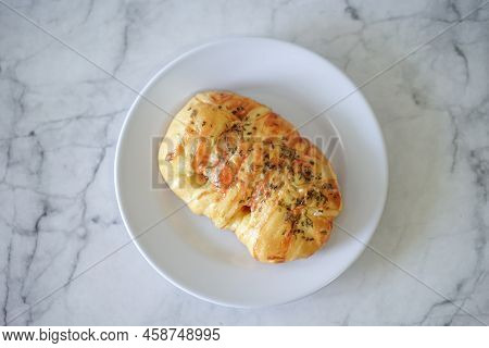 Sausage Buns Bread. Soft Baked Bun (dough) Stuffed With Sausage For Fast Food Breakfast Or Coffee Br