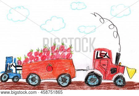 Tractor And Trailer Working A Field.car Truck Moving Alongside. Harvesting Season. Harvest Delivery,