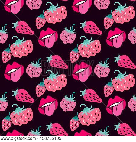 Modern Cute Seamless Pattern With  Pink And Red Lips, Strawberry For Summer Design Textile, Fabric, 