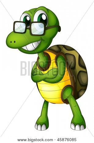 Illustration af en skildpadde stående med en monokel på en hvid baggrund