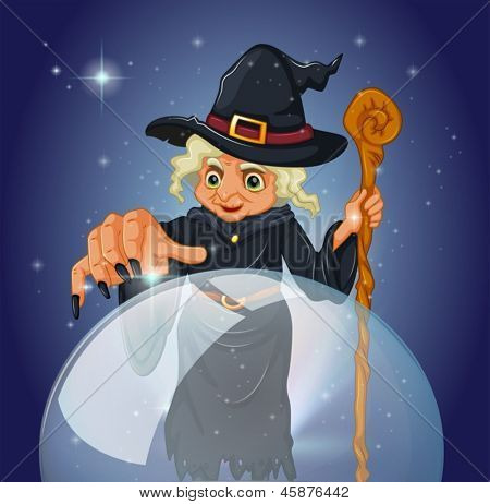 Illustration d'une sorcière avec une canne devant une boule magique