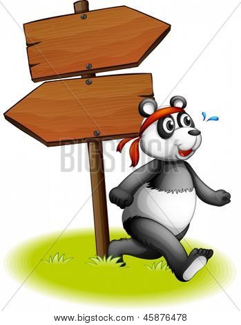 Beispiel für ein Panda neben der hölzernen Arrowboards auf weißem Hintergrund