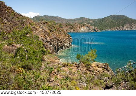 Beautiful Seascape. View Of Bays Of Mediterranean Sea And Rocky Mountains From A Hilltop On Sunny Da
