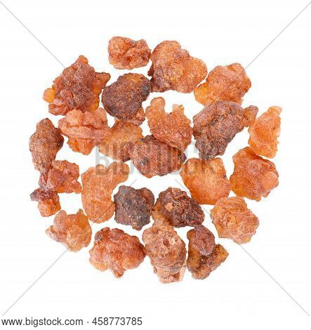 Myrrh Resin Isolated On White Background. Pile Of Natural Commiphora Myrrha. Sweet Myrrh Opoponax. I
