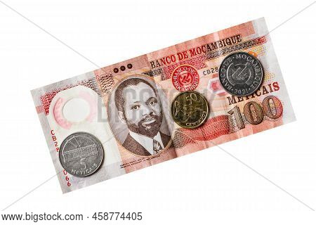 Mozambique Banknote And Coins Isolated On White Background.