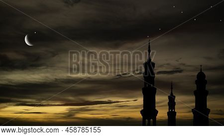 Ramadan, Eid Ai-fitr,new Year Muharram Islamic Religion Symbols With Mosques Dome Silhouette With Mo