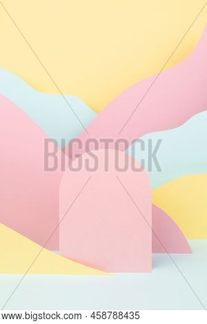 Abstract Scene With Pink Arc Podium, Mountain Landscape With Pastel Pink, Yellow, Mint Color Slopes 