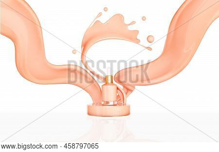 Pink Make Up Liquid Foundation Cream Cosmetics Bottle On Splashing Cosmetic Liquid, Advertising. Iso