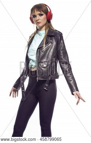 Youth Lifestyle. Relaxed Winsome Young Caucasian Female In Sport Fitness Outfit And Leather Jacket P
