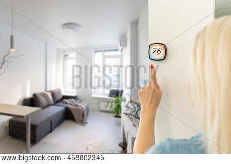Thermostat Smart Home Domotic Control Panel On Wall For Winter House Temperature Banner Panoramic. E