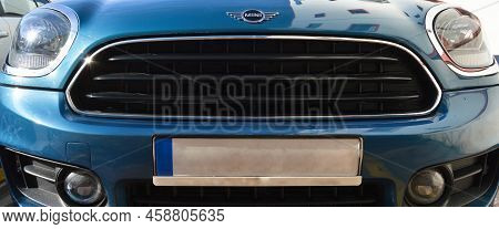 Mini Cooper Chrome Metal Logo Front View, Luxury Mini Blue Car In Istanbul City, December 24 2021 Is