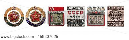 Kiev, Ukraine August 16, 2021: Badges Of Sports Ranks From The Third To The Master Of Sports Of Inte