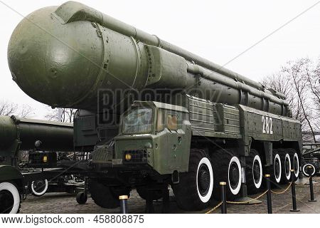 Kyiv, Ukraine December 10, 2020: Transport And Launcher On The Maz-547a Chassis Of The Pioneer Mediu